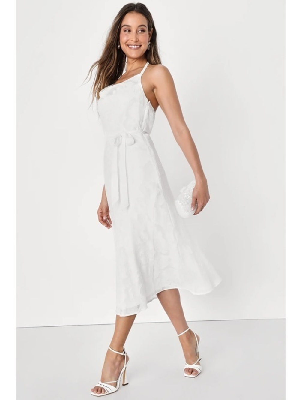 NWT Lulu’s Graceful Charm White Burnout Floral Jacquard Halter Midi Dress Small